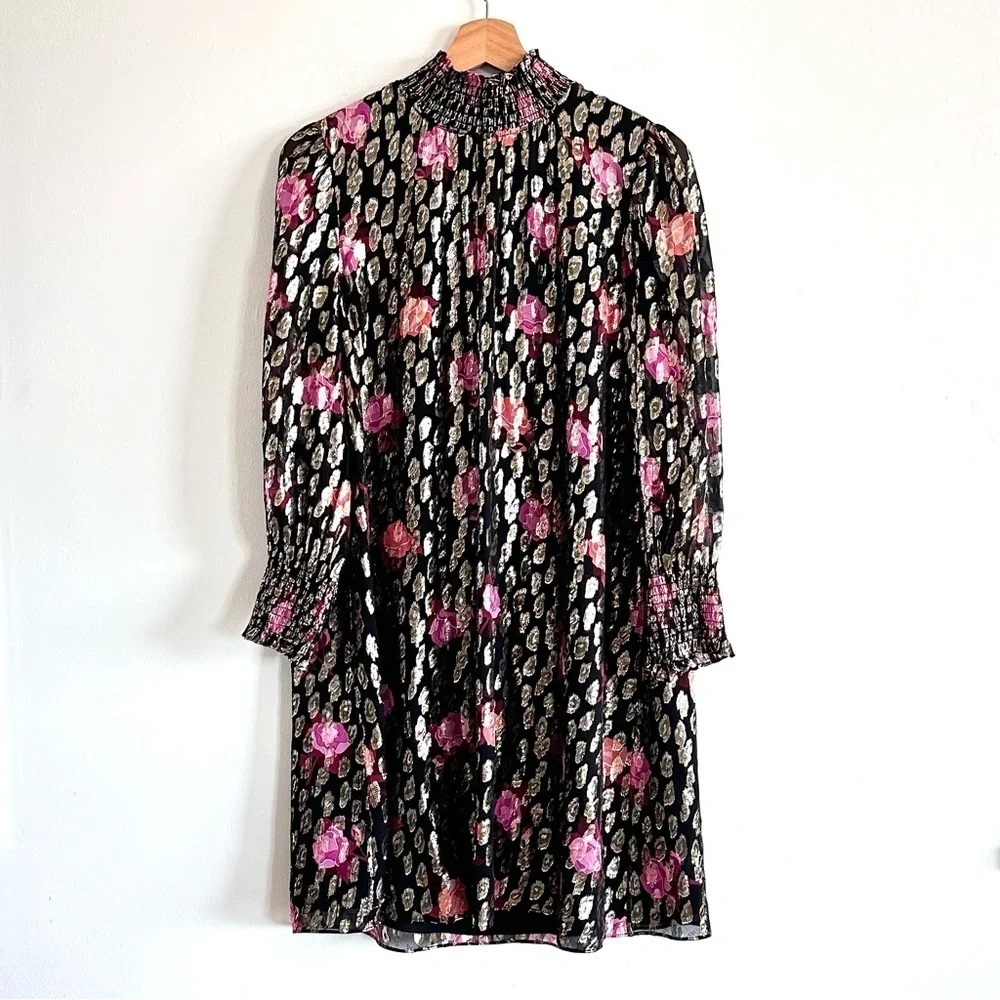 Kate Spade Rose Garden Clip metallic Floral Black long sleeve shimmer Dress